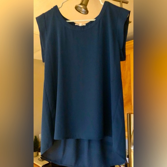 Pleione Tops - Pleione blue shell with cap sleeve - silky blouse - back pleats